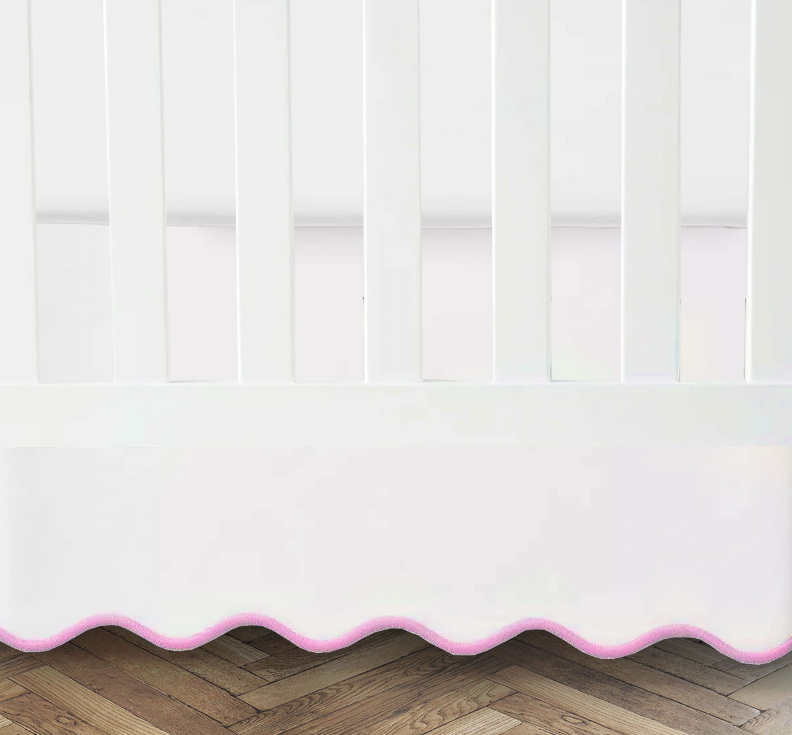 White 100% Cotton Sateen Crib skirt scalloped Embroidery with split corners ; 4-sided skirt fits around the entire crib - Image 3