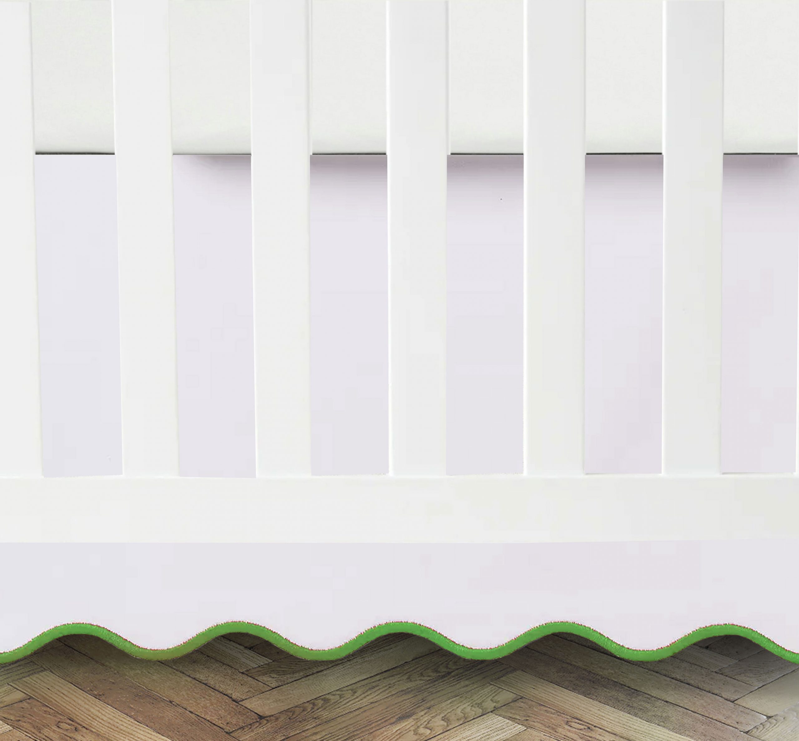 White 100% Cotton Sateen Crib skirt scalloped Embroidery with split corners ; 4-sided skirt fits around the entire crib - Image 4