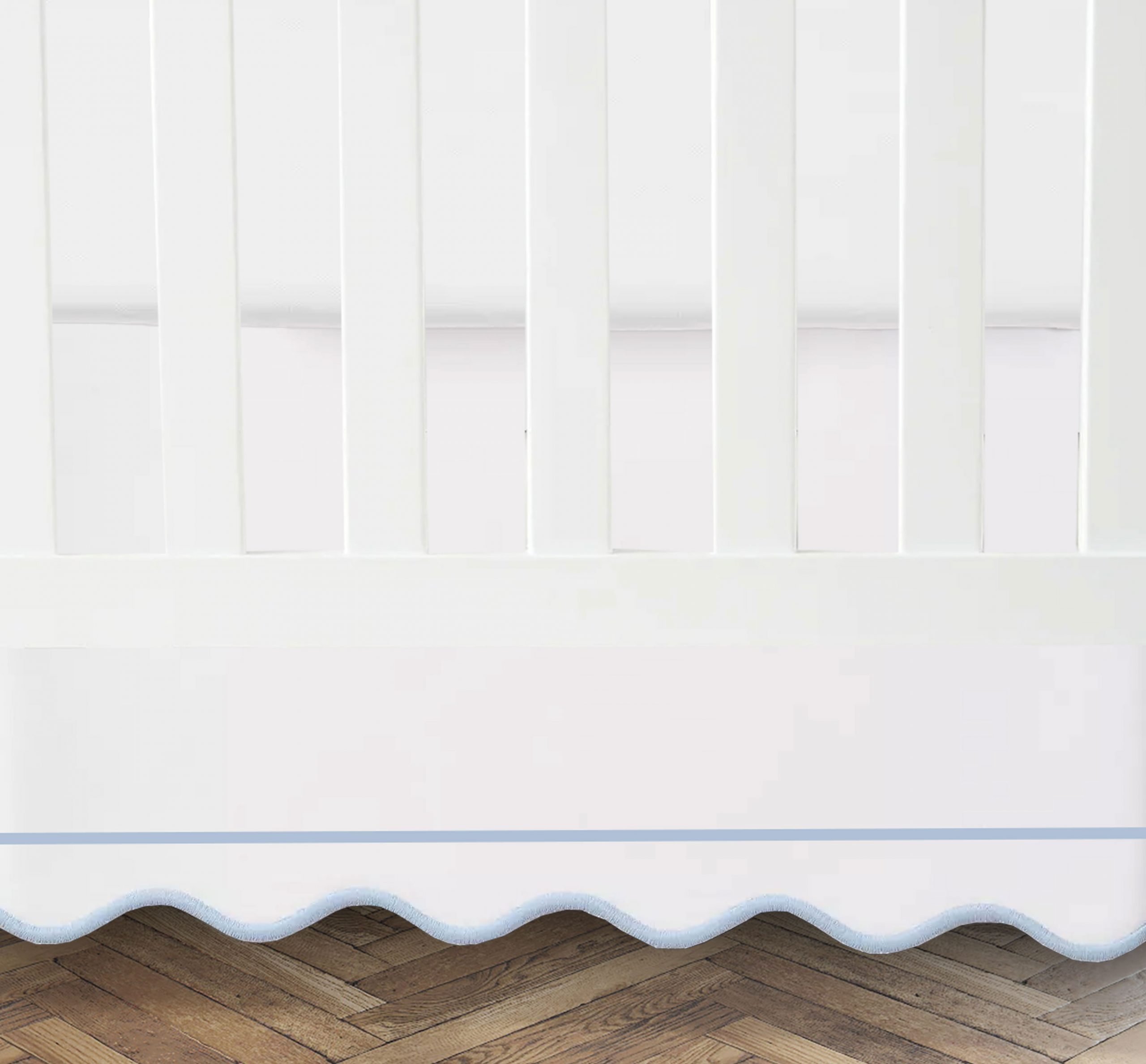 White 100% Cotton Sateen Crib skirt scalloped Embroidery with Border with split corners ; 4-sided skirt fits around the entire crib - Image 3