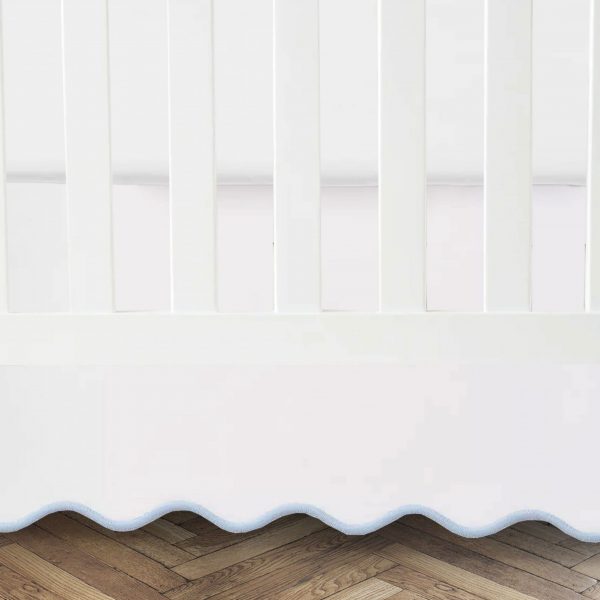 White 100% Cotton Sateen Crib skirt scalloped Embroidery with split corners ; 4-sided skirt fits around the entire crib
