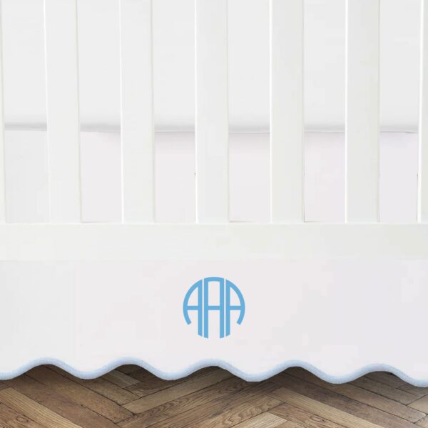 Personalized monogram white100% Cotton Sateen Crib skirt scalloped Embroidery with split corners 4-sided skirt