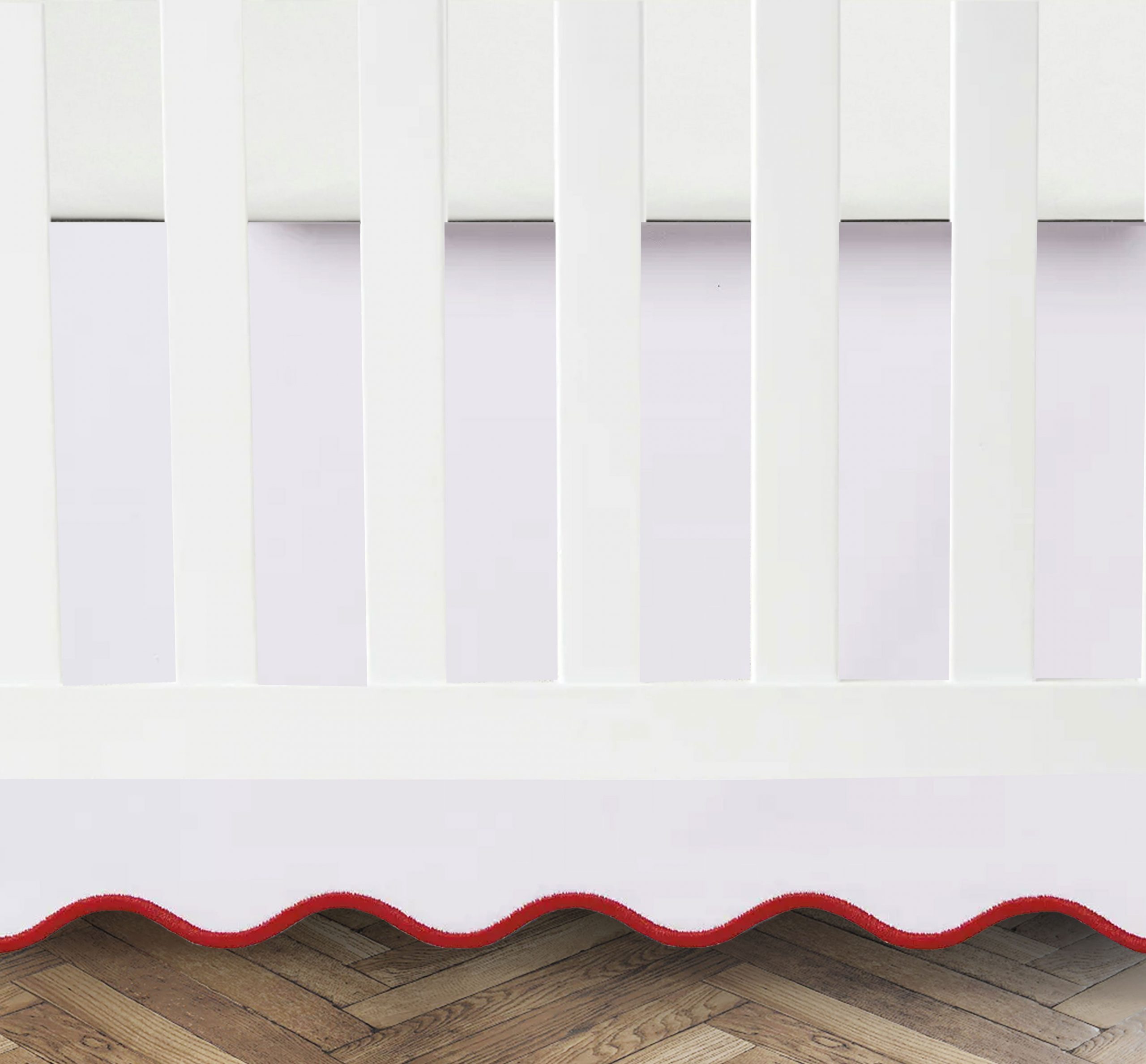 White 100% Cotton Sateen Crib skirt scalloped Embroidery with split corners ; 4-sided skirt fits around the entire crib - Image 2