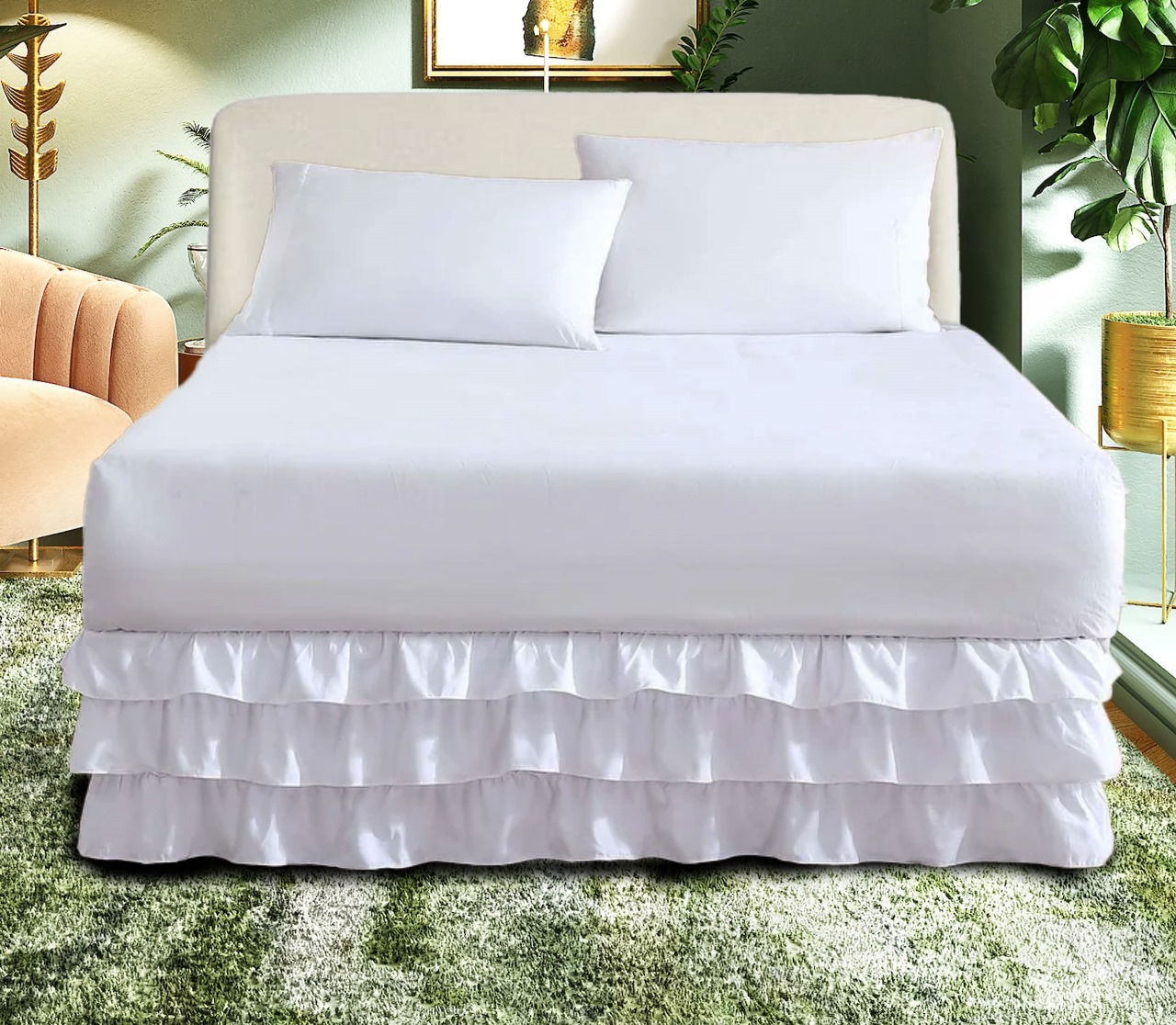 400 Thread Count 100% Cotton Sateen Ruffle Gathered Bed Skirt Three Sided Coverage with Platform - Image 3