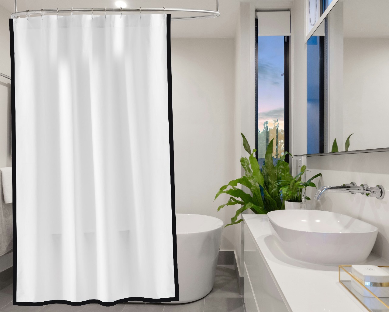 400 Thread Count White 100% Cotton Sateen Edge Border Frame Shower Curtain - Image 3