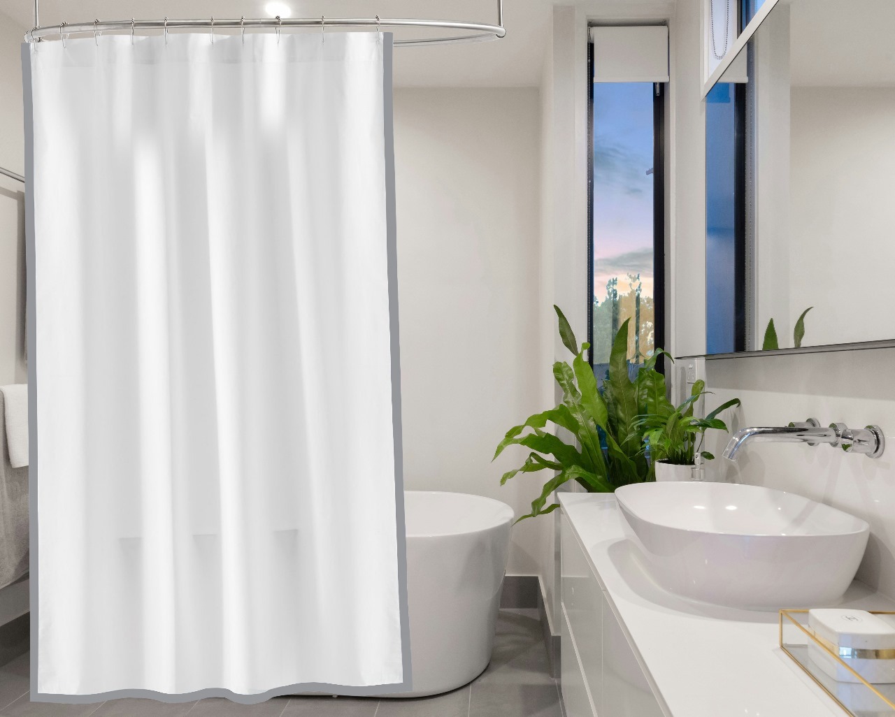 400 Thread Count White 100% Cotton Sateen Edge Border Frame Shower Curtain - Image 2