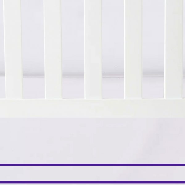 White 100% Cotton Sateen Crib skirt Edge and Border Embroidery with split corners ; 4-sided skirt fits around the entire crib
