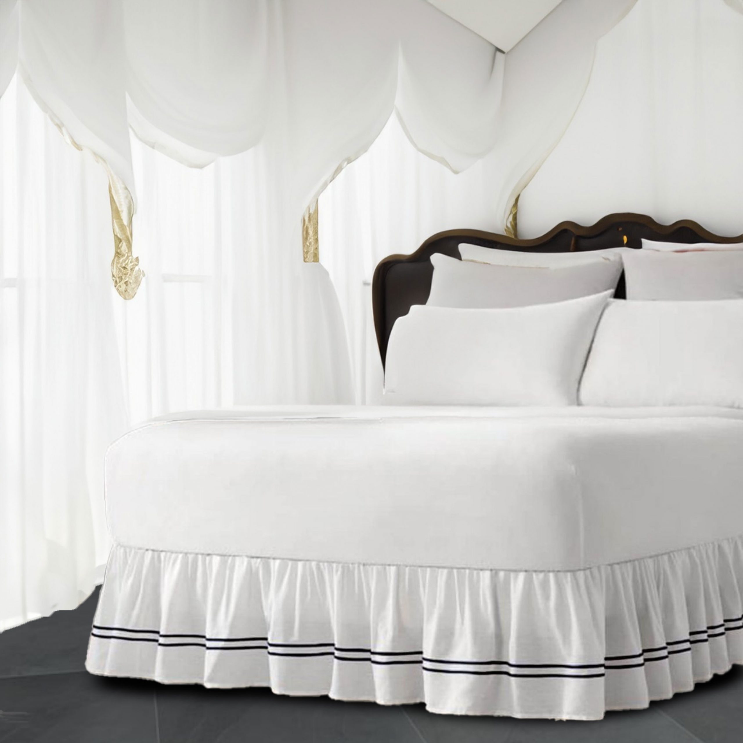 White 100% Cotton Sateen Gathered Bed Skirt in Double Embroidered border Three Sided Coverage with Platform - Image 2