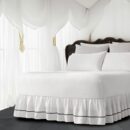 White 100% Cotton Sateen Gathered Bed Skirt in Double Embroidered border Three Sided Coverage with Platform