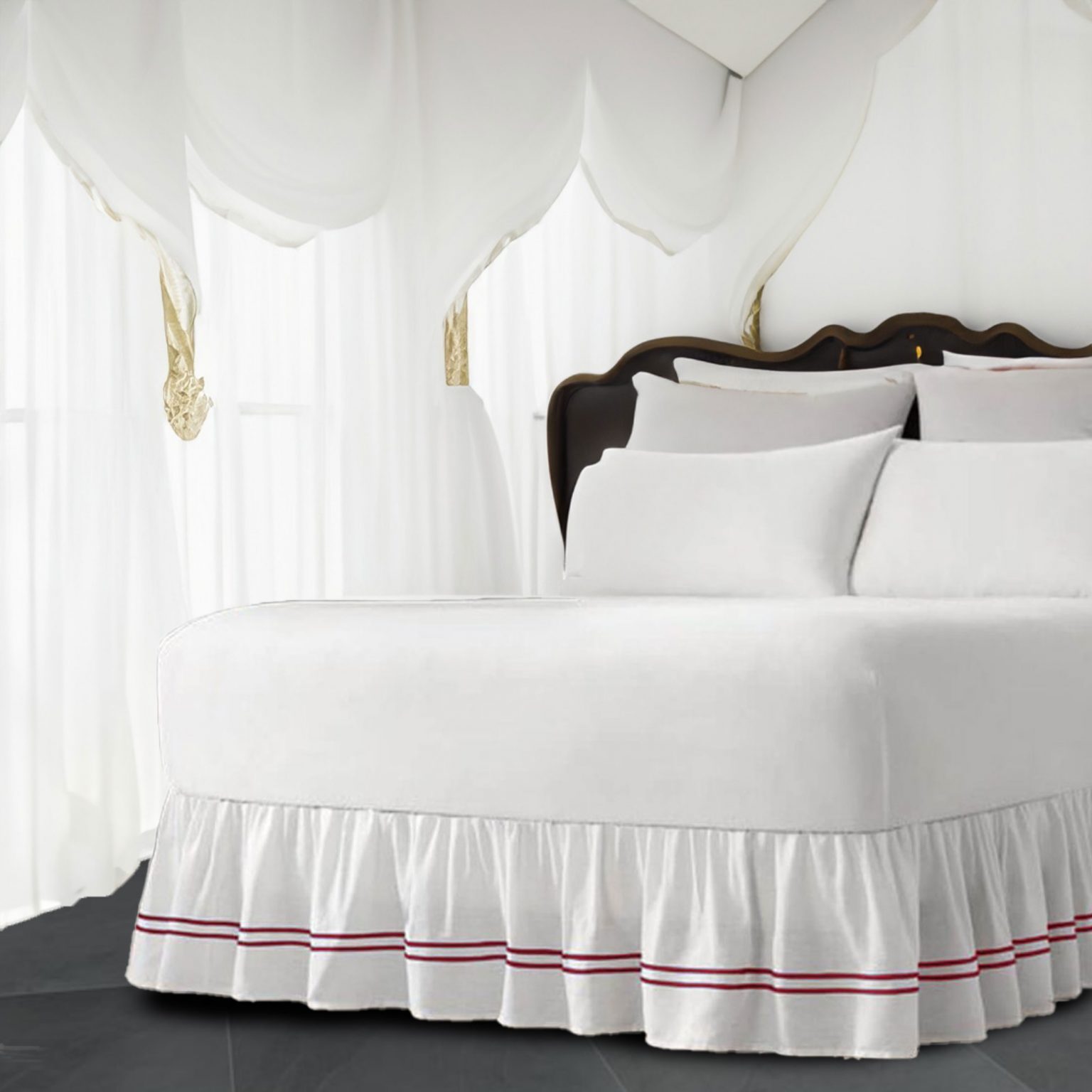 White 100% Cotton Sateen Gathered Bed Skirt in Double Embroidered border Three Sided Coverage with Platform - Image 3