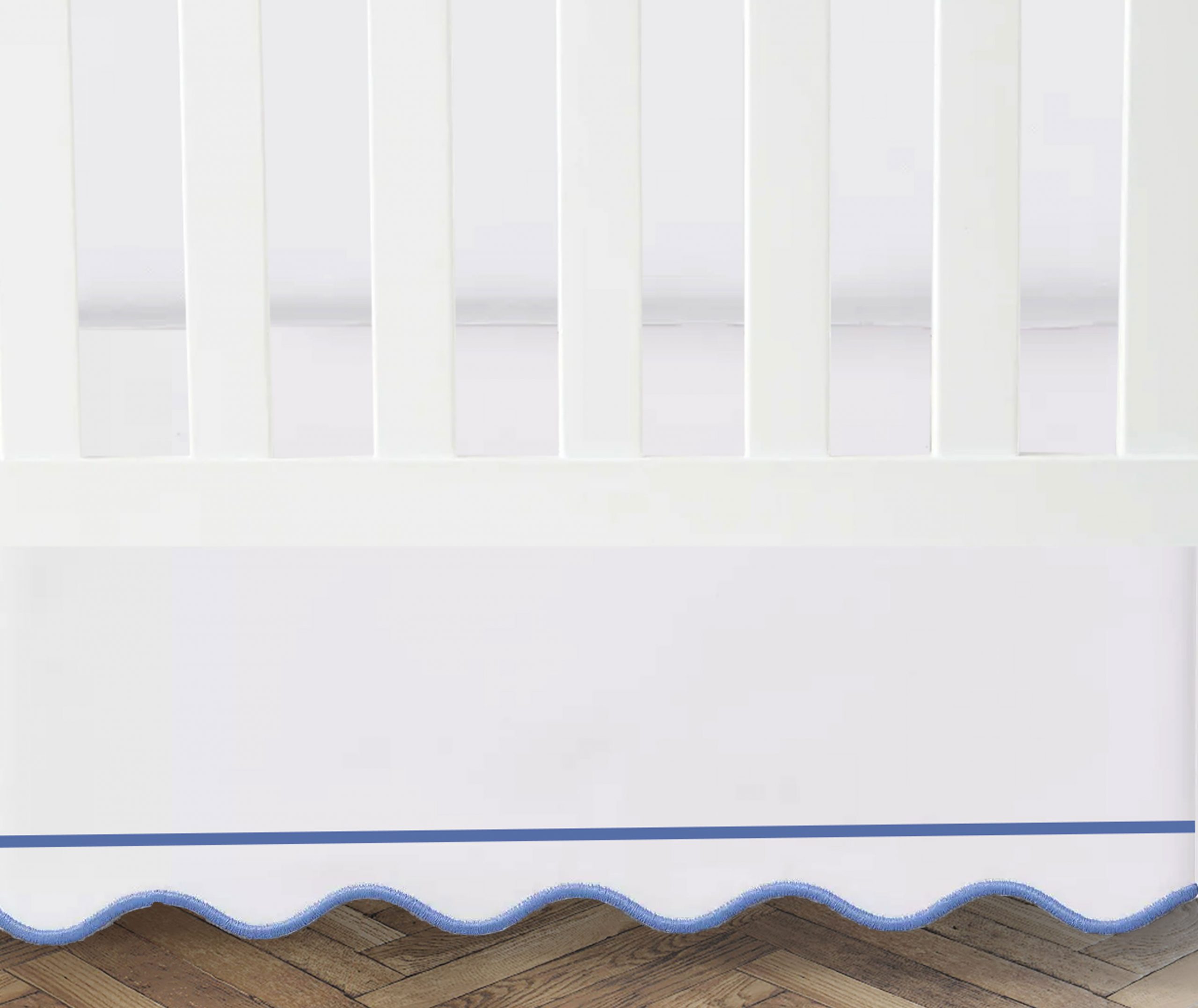 White 100% Cotton Sateen Crib skirt scalloped Embroidery with Border with split corners ; 4-sided skirt fits around the entire crib - Image 5