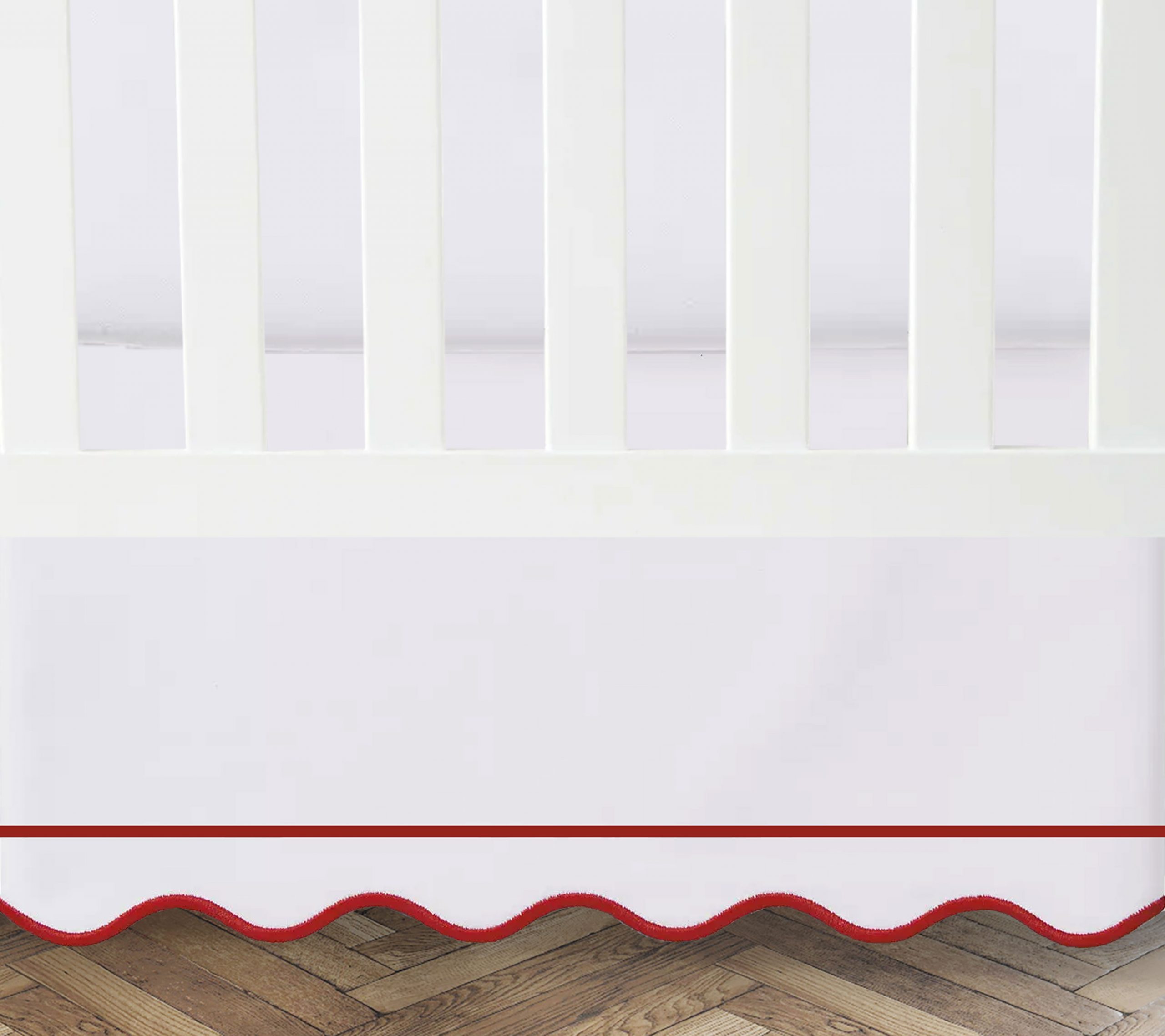 White 100% Cotton Sateen Crib skirt scalloped Embroidery with Border with split corners ; 4-sided skirt fits around the entire crib - Image 2