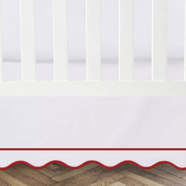 White 100% Cotton Sateen Crib skirt scalloped Embroidery with Border with split corners ; 4-sided skirt fits around the entire crib