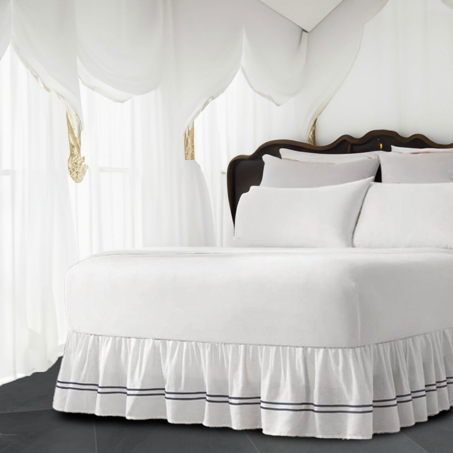 White 100% Cotton Sateen Gathered Bed Skirt in Double Embroidered border Three Sided Coverage with Platform - Image 4