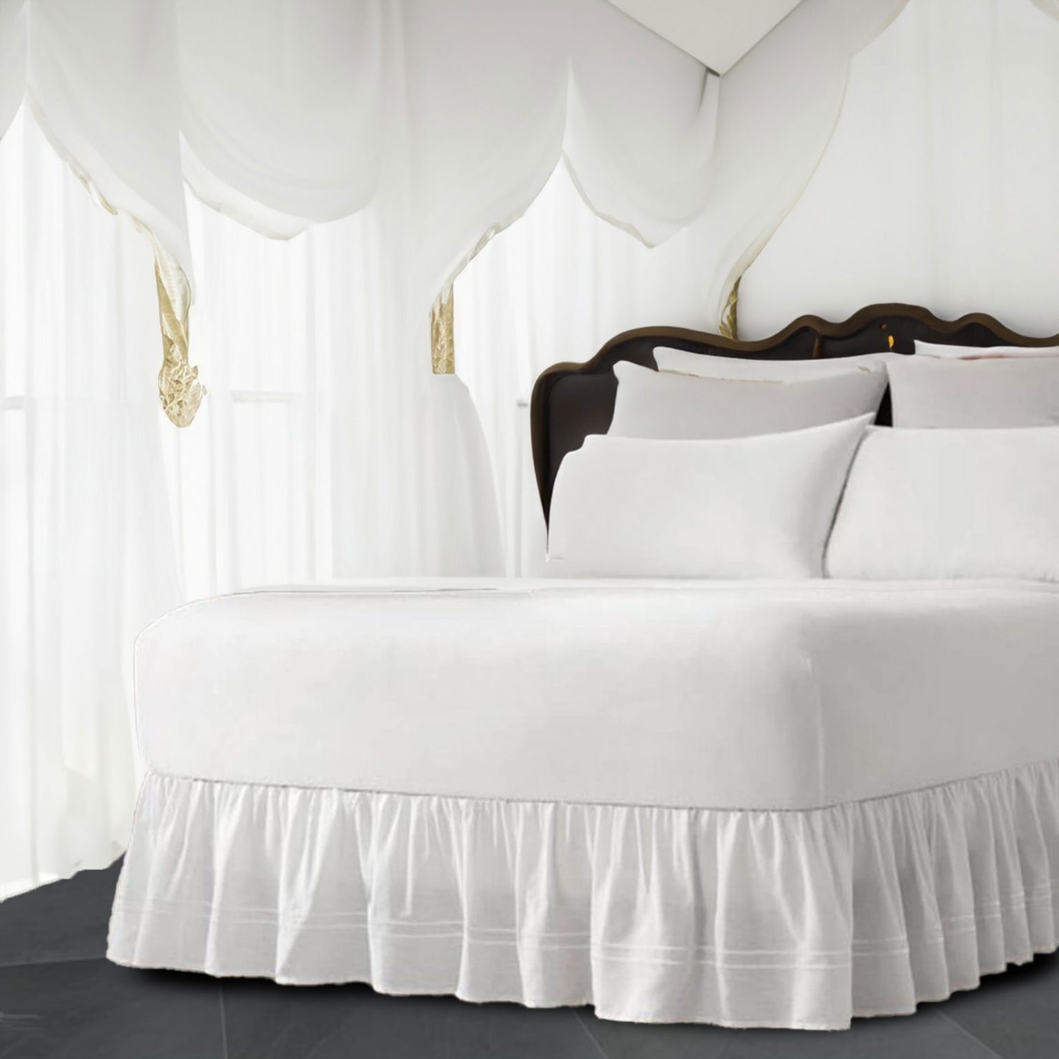 White 100% Cotton Sateen Gathered Bed Skirt in Double Embroidered border Three Sided Coverage with Platform - Image 7