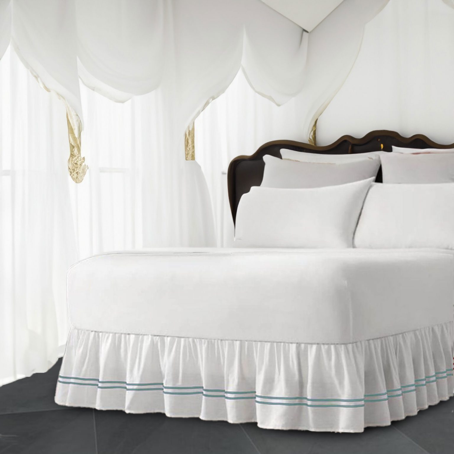 White 100% Cotton Sateen Gathered Bed Skirt in Double Embroidered border Three Sided Coverage with Platform - Image 10