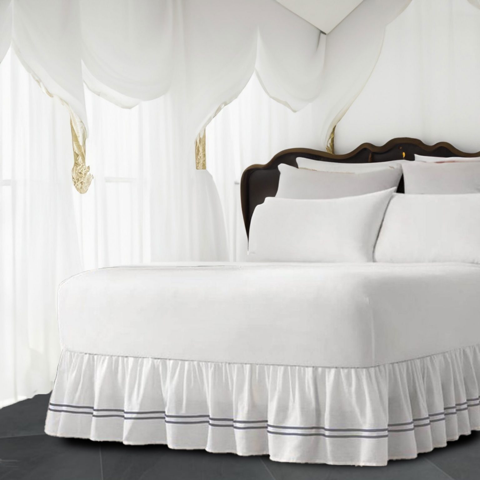 White 100% Cotton Sateen Gathered Bed Skirt in Double Embroidered border Three Sided Coverage with Platform - Image 6