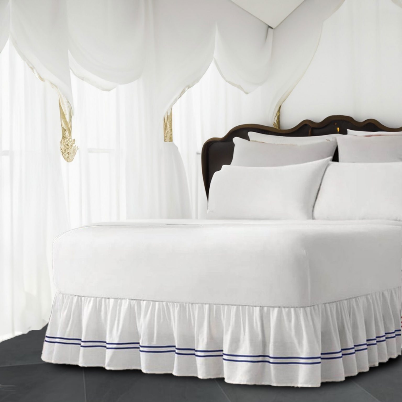White 100% Cotton Sateen Gathered Bed Skirt in Double Embroidered border Three Sided Coverage with Platform - Image 8