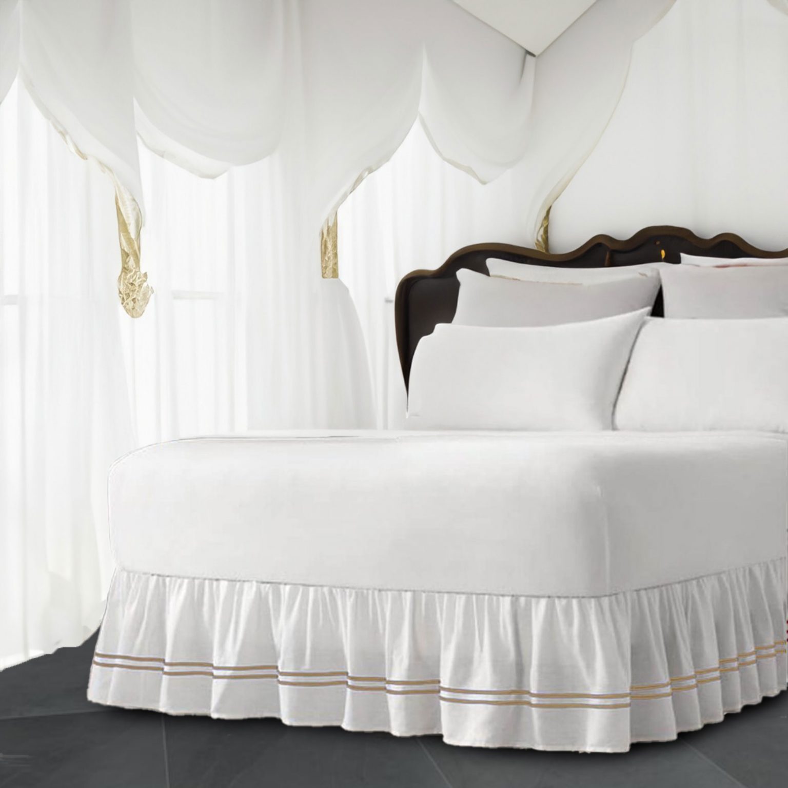 White 100% Cotton Sateen Gathered Bed Skirt in Double Embroidered border Three Sided Coverage with Platform - Image 9