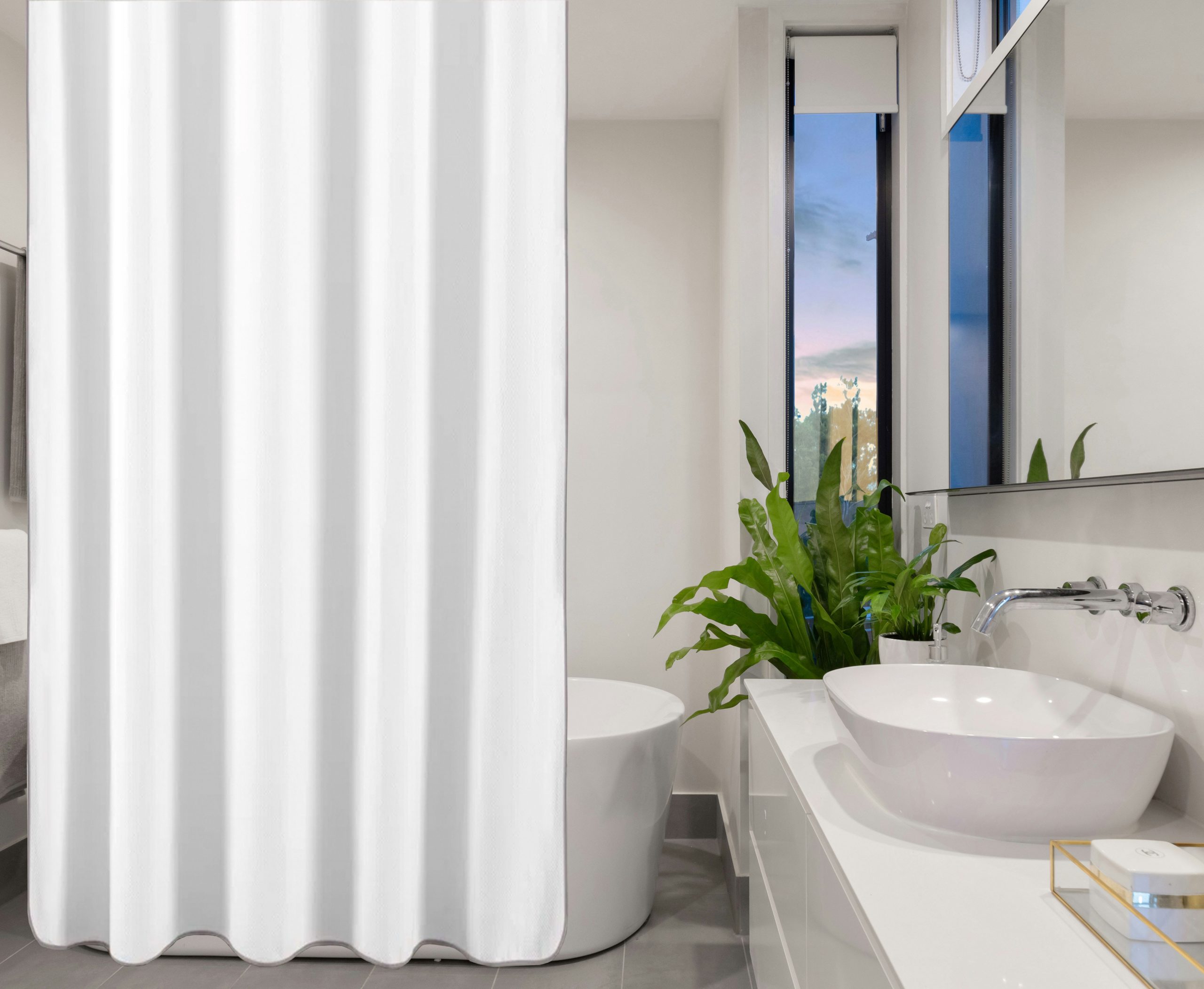 400 Thread Count White 100% Cotton Sateen Edge Embroidery Border Shower Curtain - Image 2