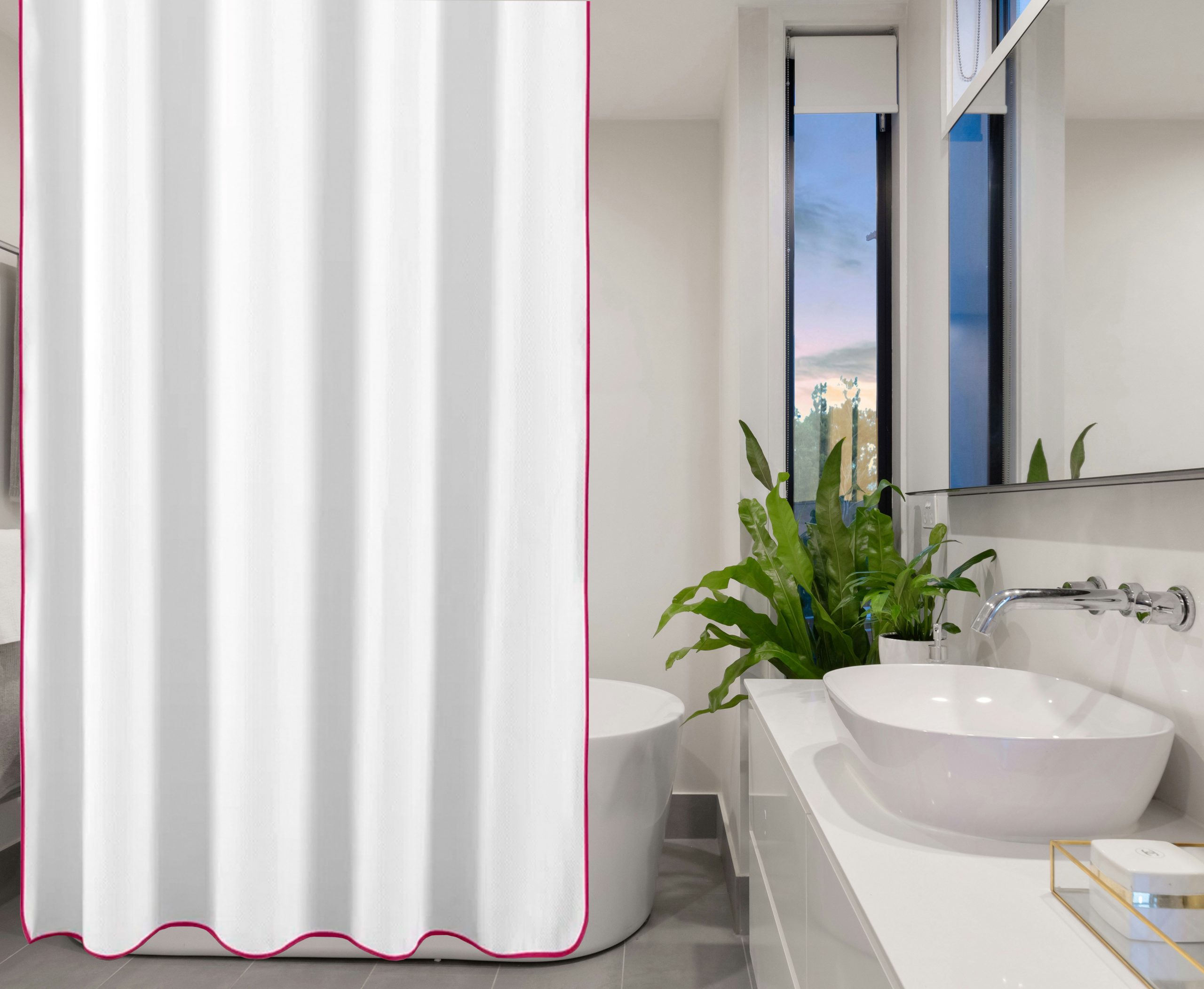 400 Thread Count White 100% Cotton Sateen Edge Embroidery Border Shower Curtain - Image 3