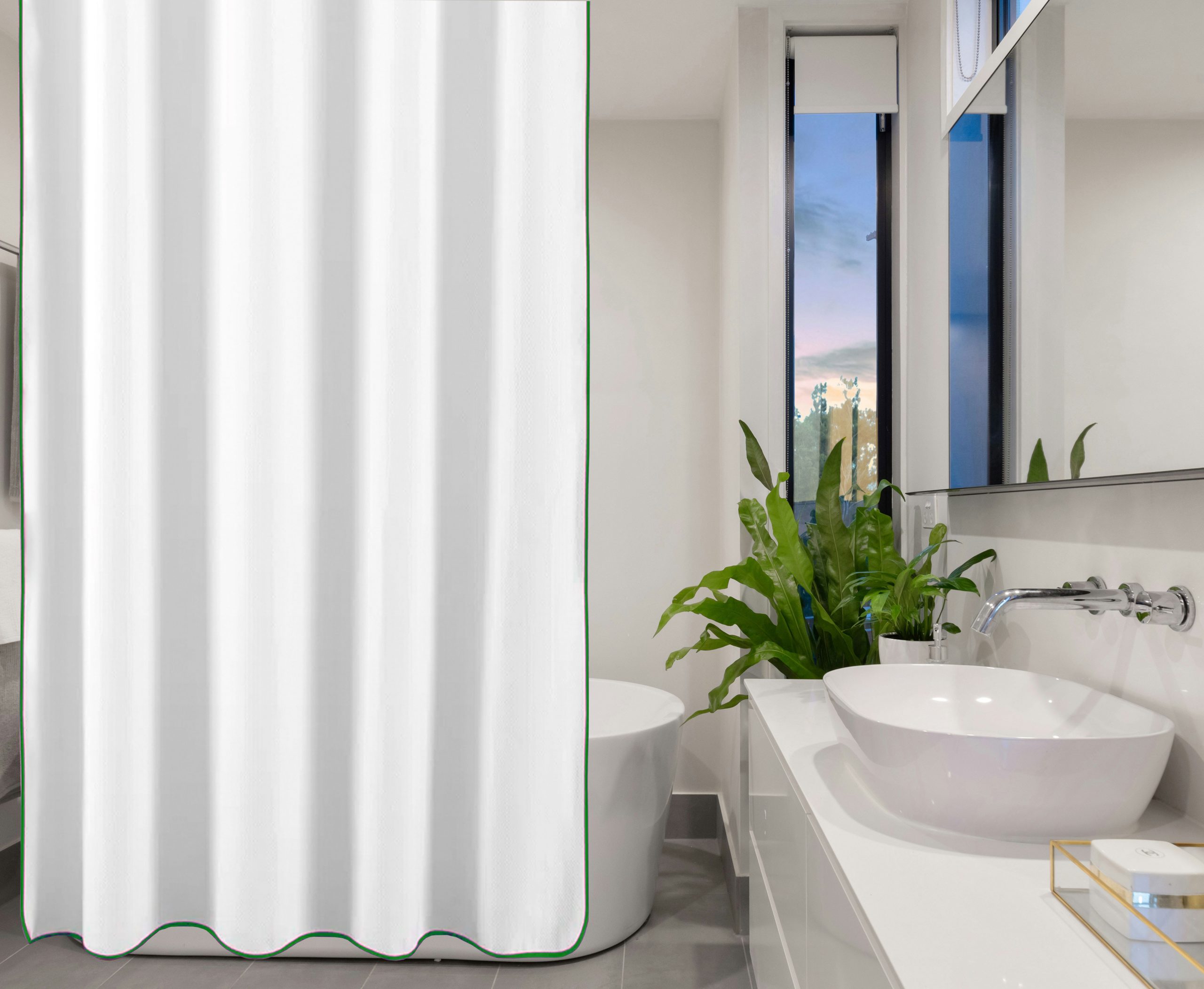 400 Thread Count White 100% Cotton Sateen Edge Embroidery Border Shower Curtain - Image 6